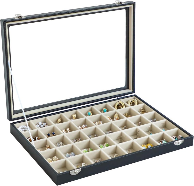 Stratalife Jewelry Organizer 40 Grid Beige Black Jewelry Tray with Clear Dust-proof Lid Velvet Earring Organizer Necklace Rings Holder Display Drawer Storage Case for Women - Image 1