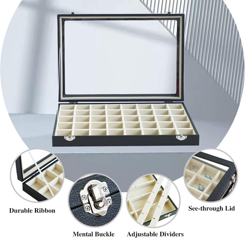 Stratalife Jewelry Organizer 40 Grid Beige Black Jewelry Tray with Clear Dust-proof Lid Velvet Earring Organizer Necklace Rings Holder Display Drawer Storage Case for Women - Image 2