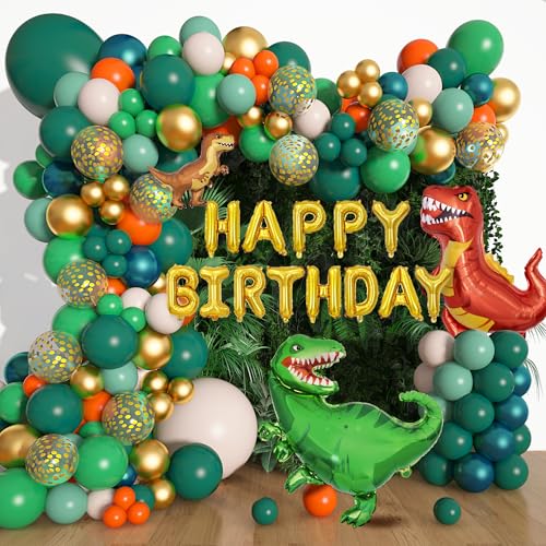 Amandir 165Pcs Dinosaur Balloons Arch Garland Kit Sage Green Orange 6Pcs Dino Foil Balloons Happy Birthday Balloon for Jungle Safari Dinosaur Themed Party Decorations Supplies Boys - Image 1