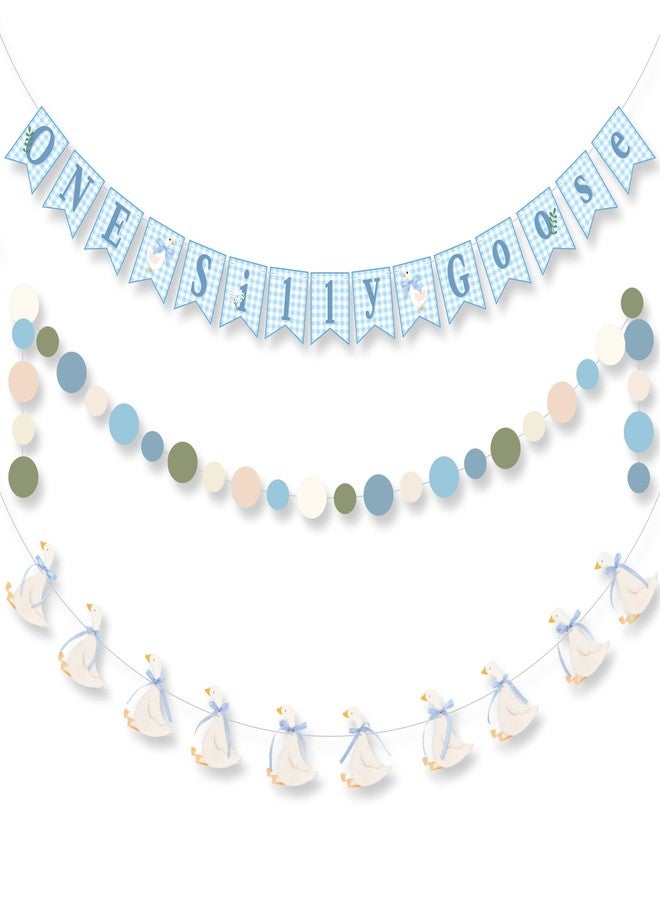 Janinka 3 Pcs One Silly Goose Banners Garlands One Silly Goose Birthday Party Decorations for Baby Shower Birthday Photo Props Themed Party Supplies(Blue) - Image 1