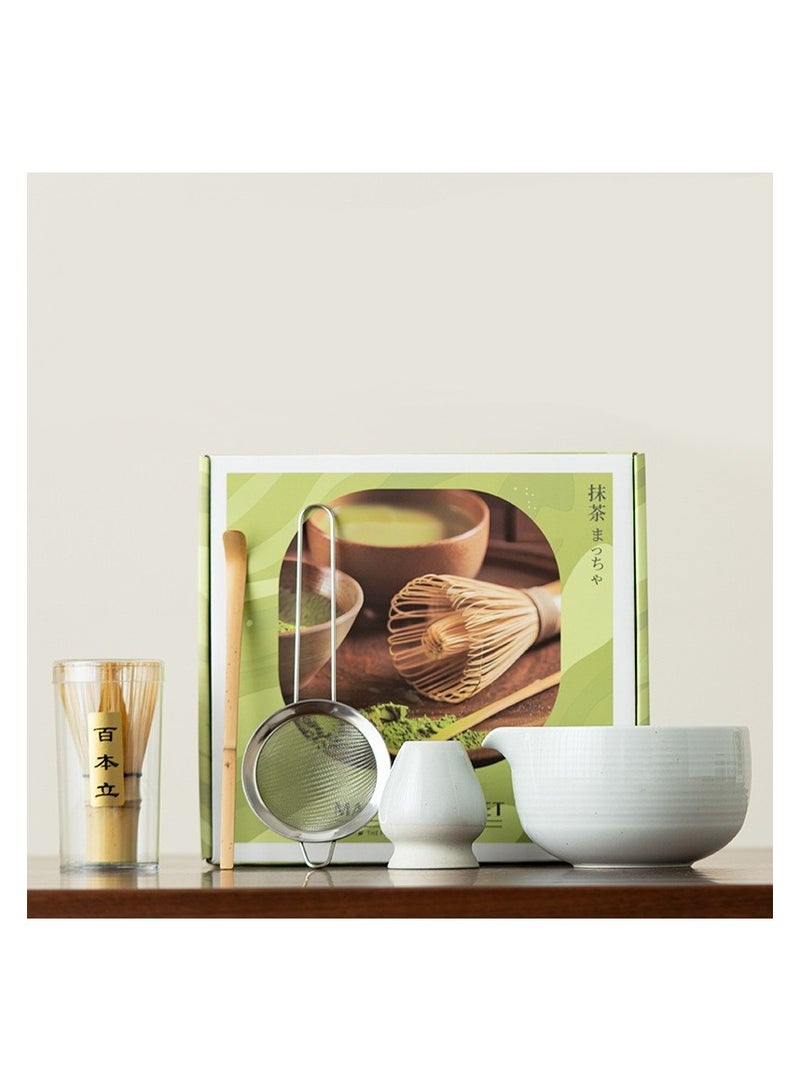 AceLuste Matcha Tea Set, 5PCS Traditional Japanese Matcha Tea Ceremony Set with Whisk, Ceramic Bowl & Stainless Steel Filter (White) - Image 1