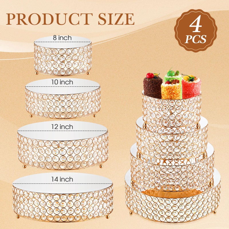 Uiifan 4 Pcs Crystal Gold Cake Stand Set 4 Size Elegant Round Dessert Display Metal Cupcake Stand with Mirror Plate Crystal Beads for Party Birthday Festival Anniversary Holiday 8/10/ 12/14'' - Image 4