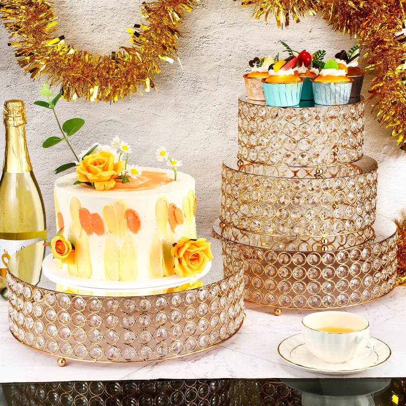 Uiifan 4 Pcs Crystal Gold Cake Stand Set 4 Size Elegant Round Dessert Display Metal Cupcake Stand with Mirror Plate Crystal Beads for Party Birthday Festival Anniversary Holiday 8/10/ 12/14'' - Image 2