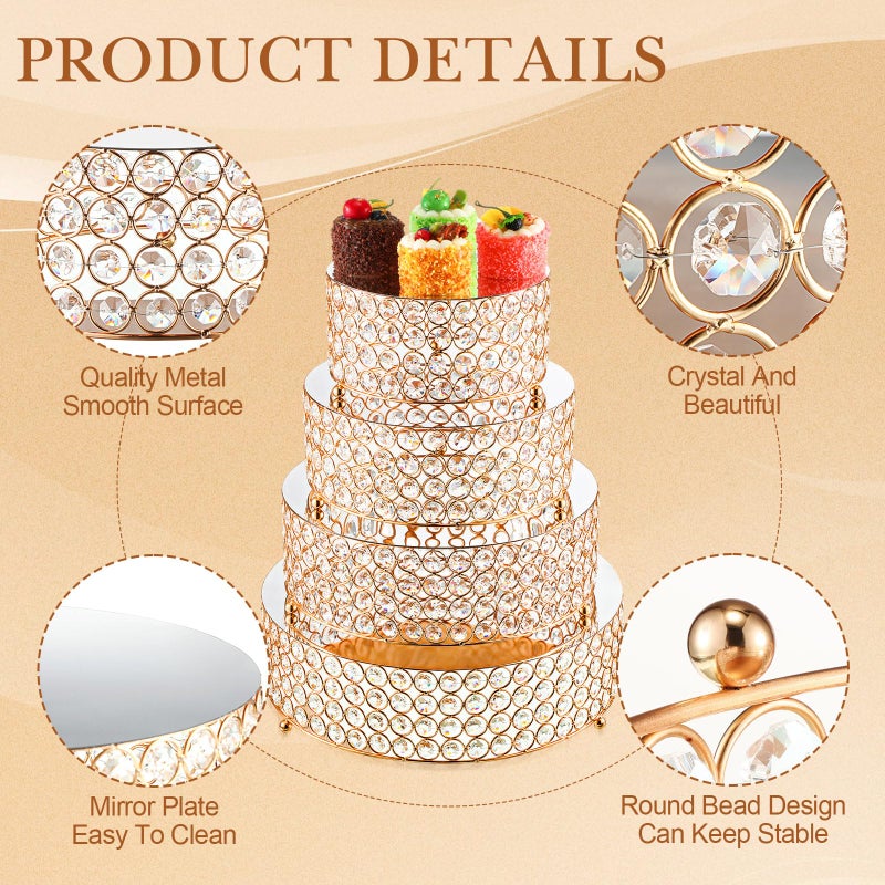Uiifan 4 Pcs Crystal Gold Cake Stand Set 4 Size Elegant Round Dessert Display Metal Cupcake Stand with Mirror Plate Crystal Beads for Party Birthday Festival Anniversary Holiday 8/10/ 12/14'' - Image 3