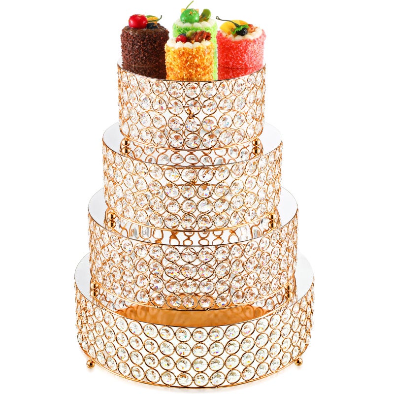 Uiifan 4 Pcs Crystal Gold Cake Stand Set 4 Size Elegant Round Dessert Display Metal Cupcake Stand with Mirror Plate Crystal Beads for Party Birthday Festival Anniversary Holiday 8/10/ 12/14'' - Image 1