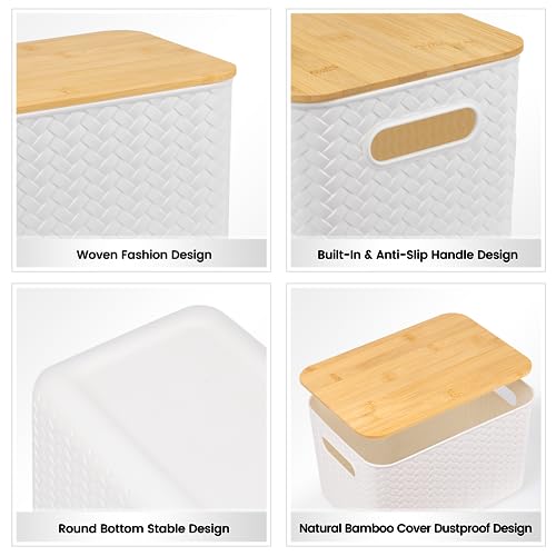 Ohmlove 4 Packs Storage Bins with Bamboo Lids - Plastic Storage Containers with Lids Stackable Storage Box：Storages Baskets for Organizing Desktop Closet Playroom Classroom Office,White - Image 3