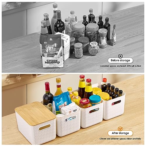 Ohmlove 4 Packs Storage Bins with Bamboo Lids - Plastic Storage Containers with Lids Stackable Storage Box：Storages Baskets for Organizing Desktop Closet Playroom Classroom Office,White - Image 4