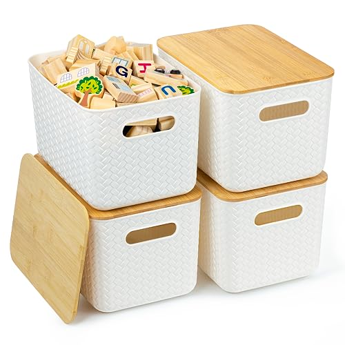 Ohmlove 4 Packs Storage Bins with Bamboo Lids - Plastic Storage Containers with Lids Stackable Storage Box：Storages Baskets for Organizing Desktop Closet Playroom Classroom Office,White - Image 1