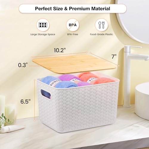 Ohmlove 4 Packs Storage Bins with Bamboo Lids - Plastic Storage Containers with Lids Stackable Storage Box：Storages Baskets for Organizing Desktop Closet Playroom Classroom Office,White - Image 2