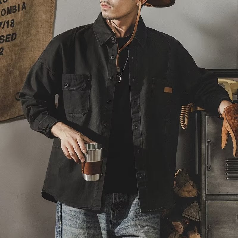 American-style Heavy Retro Tooling Shirt Mens Long-sleeved Loose Tough Guy Hunting Shirt Mens Autumn Coach Jacket Coat Black - Image 4