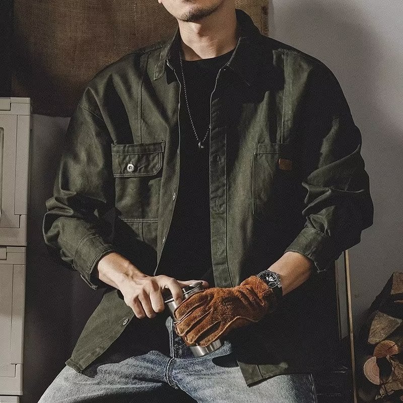 American-style Heavy Retro Tooling Shirt Mens Long-sleeved Loose Tough Guy Hunting Shirt Mens Autumn Coach Jacket Coat Black - Image 3