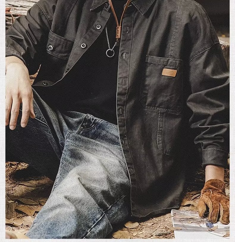 American-style Heavy Retro Tooling Shirt Mens Long-sleeved Loose Tough Guy Hunting Shirt Mens Autumn Coach Jacket Coat Black - Image 2