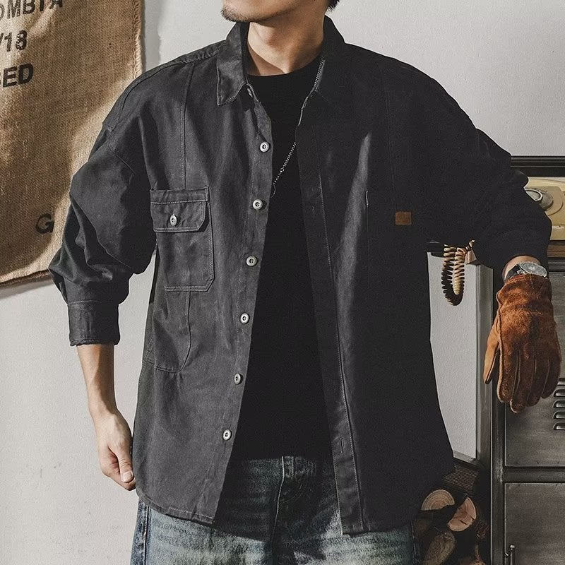 American-style Heavy Retro Tooling Shirt Mens Long-sleeved Loose Tough Guy Hunting Shirt Mens Autumn Coach Jacket Coat Black - Image 5