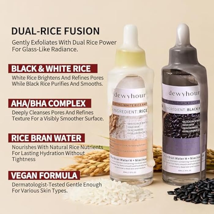 dewyhour Exfoliating Black & White Rice Ampoule Duo Set - Gently Removes Dead Skin Cells, Refines Pores, Soft Face & Body Scrub for All Skin Types, 2-Pack - Image 2
