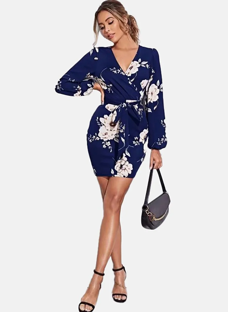 يونيكي Navy Blue Floral Printed Warp Dress