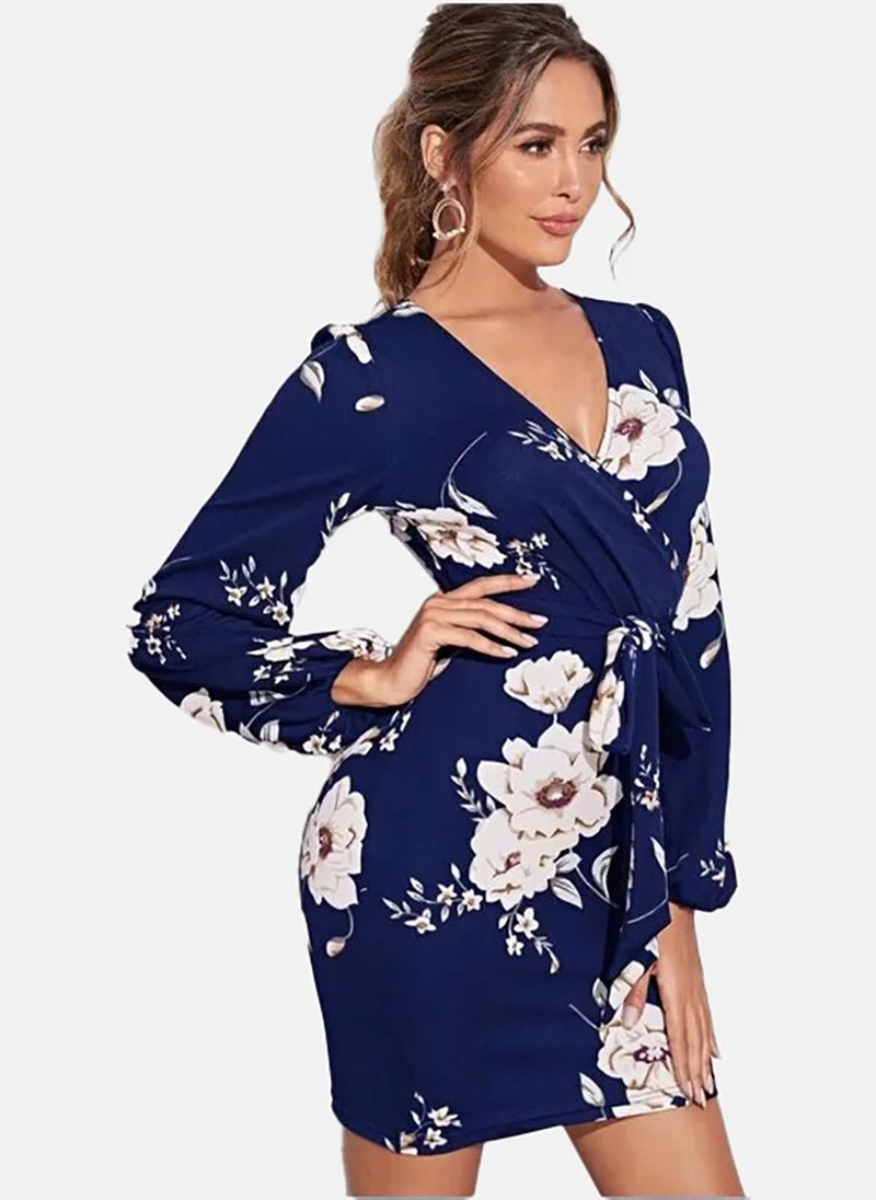 يونيكي Navy Blue Floral Printed Warp Dress