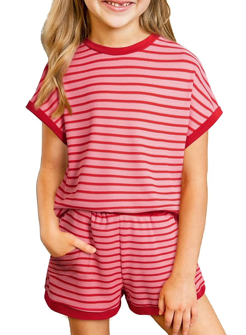 blibean Tween Girls Summer Clothes Sets Big Kids Striped Short Sleeve Outfits Teen Trendy Two Piece Clothing Beach Matching Dress Shirt Shorts Easter Rompers Size 10-11 Years Old Red - Image 1