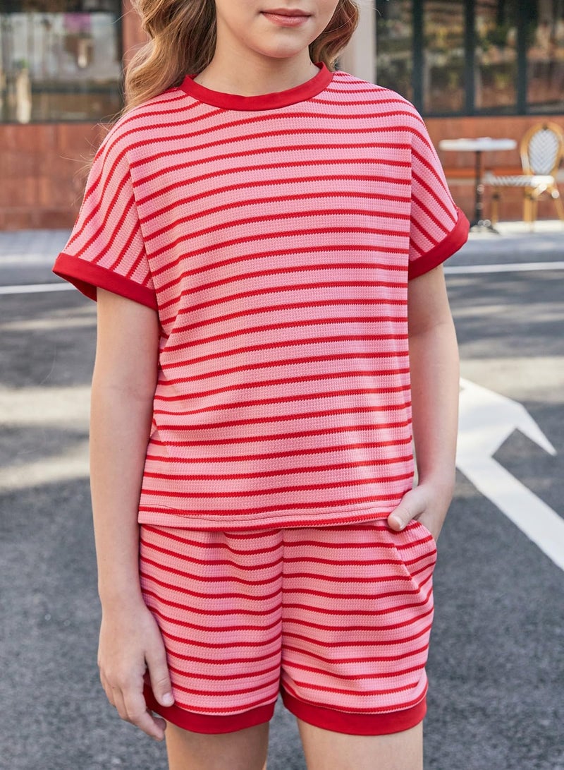blibean Tween Girls Summer Clothes Sets Big Kids Striped Short Sleeve Outfits Teen Trendy Two Piece Clothing Beach Matching Dress Shirt Shorts Easter Rompers Size 10-11 Years Old Red - Image 4