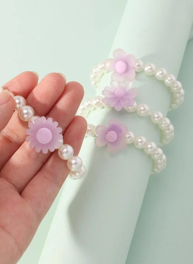 Pack of 4 - Girls Pearl and Pastel Flower Bracelets