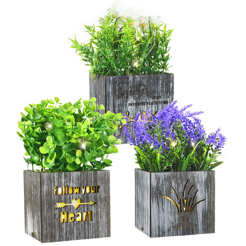 Kinkota Artificial Eucalyptus Potted Plant with LED Lights 3Pcs Fake Plants in Pot for Home Decor Faux Lavender Plants and Flower Indoor in Wooden Box Pots 3 Pack