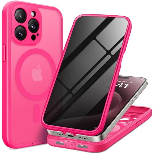 TIESZEN for iPhone 15 Pro Max Case, Compatible with MagSafe, Built-in Privacy Screen Protector and Camera Protection, Anti Spy Full Body Dustproof Shockproof Hard Phone Case 6.7", Hot Pink - Image 1