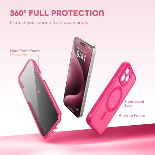 TIESZEN for iPhone 15 Pro Max Case, Compatible with MagSafe, Built-in Privacy Screen Protector and Camera Protection, Anti Spy Full Body Dustproof Shockproof Hard Phone Case 6.7", Hot Pink - Image 3