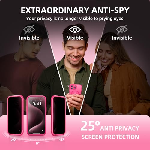TIESZEN for iPhone 15 Pro Max Case, Compatible with MagSafe, Built-in Privacy Screen Protector and Camera Protection, Anti Spy Full Body Dustproof Shockproof Hard Phone Case 6.7", Hot Pink - Image 2