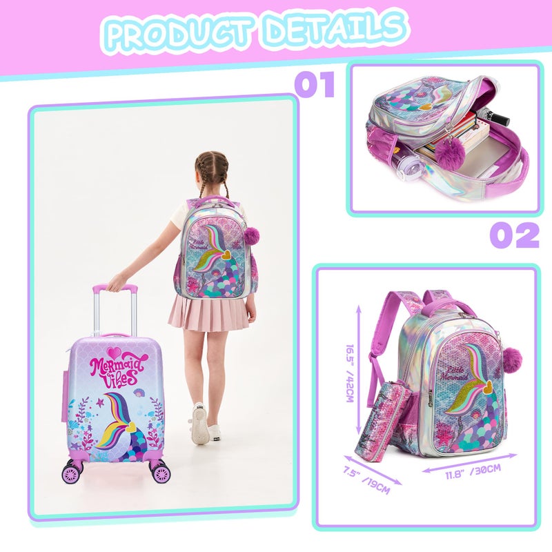 Inprof Cute Pink Mermaid Kidâ€™s Luggage Set 5 Piece Suitcase Set 16â€™â€™ Hardside Luggage with Spinner Wheels Girls Boys Carry on Toddler Luggage Travel Rolling Luggage Carry on Luggage Airline Approved - Image 3