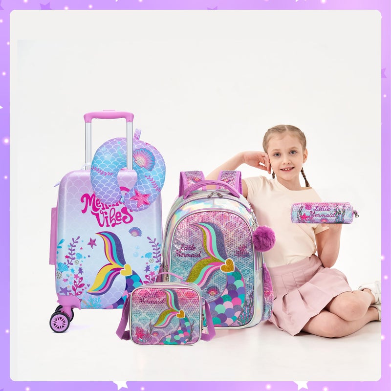 Inprof Cute Pink Mermaid Kidâ€™s Luggage Set 5 Piece Suitcase Set 16â€™â€™ Hardside Luggage with Spinner Wheels Girls Boys Carry on Toddler Luggage Travel Rolling Luggage Carry on Luggage Airline Approved - Image 5