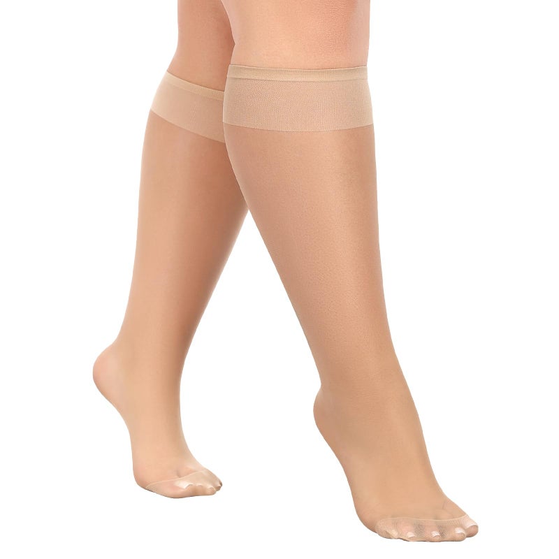 MANZI 10 Pairs Plus Size Knee High Stockings for Women 15D Sheer Nylons Socks with Wide Calf, Natural - Image 1