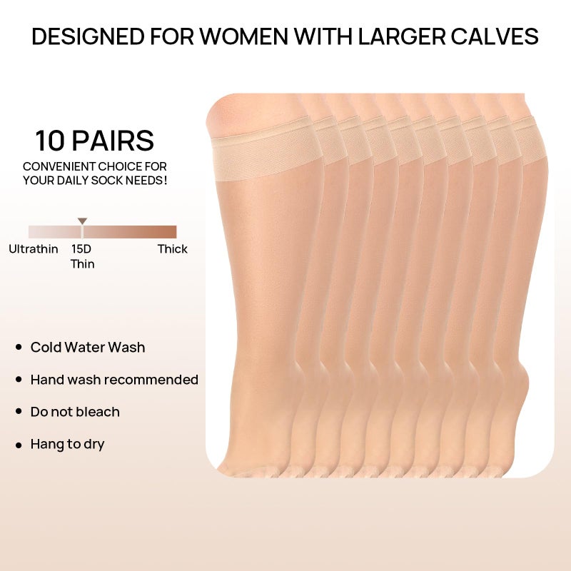 MANZI 10 Pairs Plus Size Knee High Stockings for Women 15D Sheer Nylons Socks with Wide Calf, Natural - Image 3