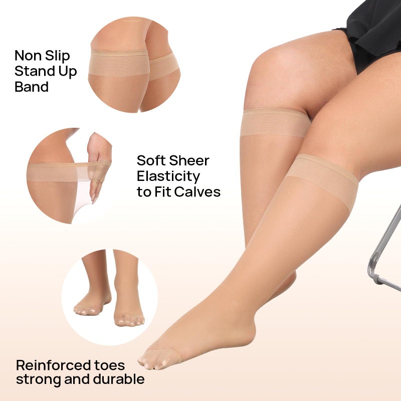 MANZI 10 Pairs Plus Size Knee High Stockings for Women 15D Sheer Nylons Socks with Wide Calf, Natural - Image 5