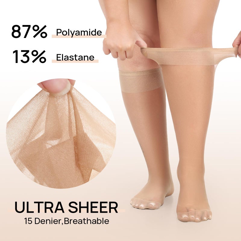 MANZI 10 Pairs Plus Size Knee High Stockings for Women 15D Sheer Nylons Socks with Wide Calf, Natural - Image 4