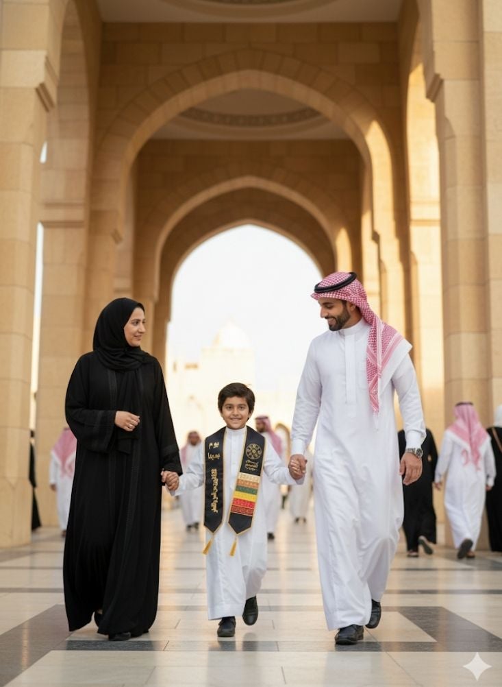 بريميم وشاح احتفالي للأطفال بمناسبة يوم تأسيس المملكة العربية السعودية، مزين بنقوش تقليدية وشرابات. - Image 3