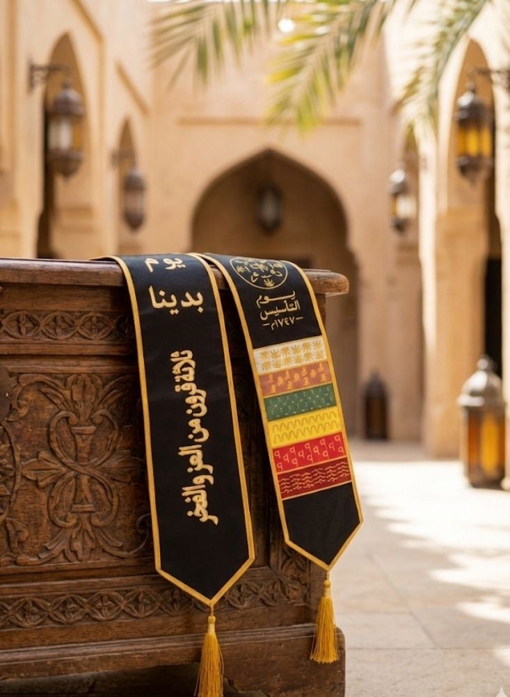 بريميم وشاح احتفالي للأطفال بمناسبة يوم تأسيس المملكة العربية السعودية، مزين بنقوش تقليدية وشرابات. - Image 4