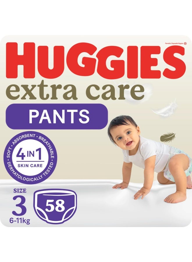 هجيز حفاضات إكسترا كير بانتس، مقاس 3 (6-11 كجم)، عبوة اقتصادية، 58 قطعة - 4 في 1 للعناية بالبشرة، حزام خصر ناعم كالسحاب، مؤشر للبلل - Image 1