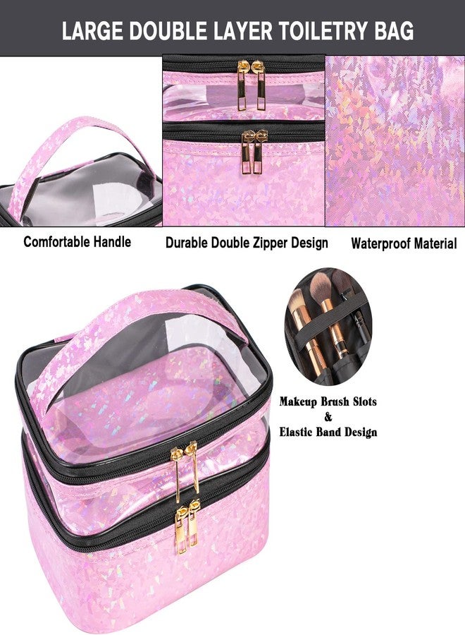 FITINI Makeup Bags Double Layer Travel Storage Cosmetic Cases Make-up Organizer Toiletry Bags Water-resistant for Women Makeup Brush Bag,Light Pink Holographic - Image 4