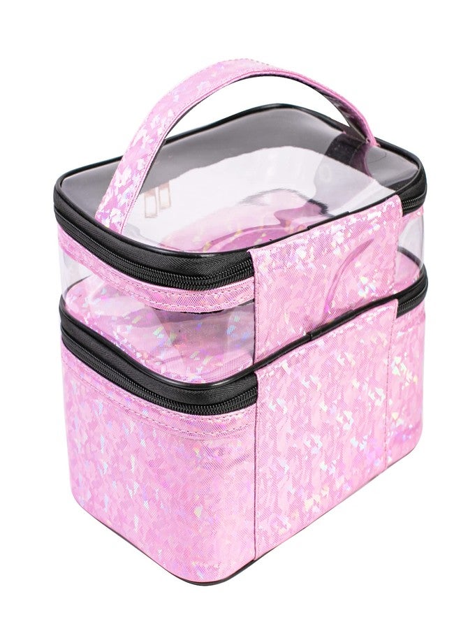 FITINI Makeup Bags Double Layer Travel Storage Cosmetic Cases Make-up Organizer Toiletry Bags Water-resistant for Women Makeup Brush Bag,Light Pink Holographic - Image 5