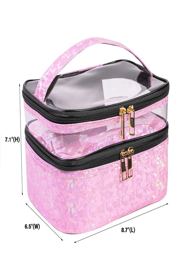 FITINI Makeup Bags Double Layer Travel Storage Cosmetic Cases Make-up Organizer Toiletry Bags Water-resistant for Women Makeup Brush Bag,Light Pink Holographic - Image 2