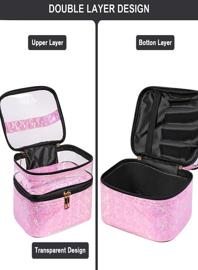 FITINI Makeup Bags Double Layer Travel Storage Cosmetic Cases Make-up Organizer Toiletry Bags Water-resistant for Women Makeup Brush Bag,Light Pink Holographic - Image 3