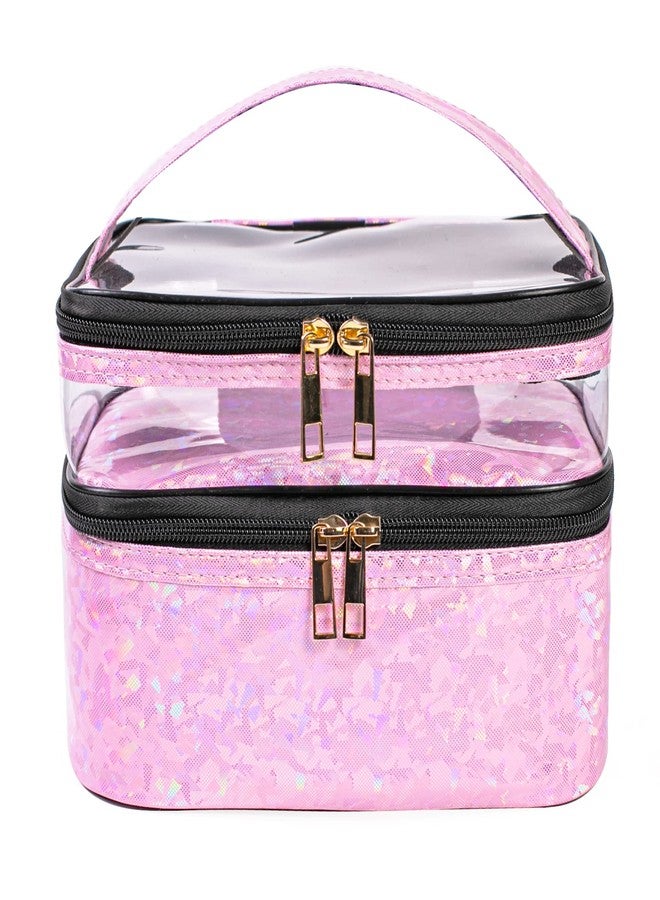 FITINI Makeup Bags Double Layer Travel Storage Cosmetic Cases Make-up Organizer Toiletry Bags Water-resistant for Women Makeup Brush Bag,Light Pink Holographic - Image 1
