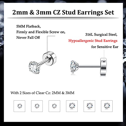 Fansilver 20G Hypoallergenic Flat Back Earrings for Women Men Silver 14K Gold Stainless Steel Stud Earrings Brithstone Cubic Zirconia Studs Surgical Steel Cartilage Earrings for Sensitive Ears - Image 2