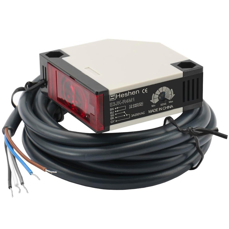 Heschen Photoelectric Sensor Switch E3JK-R4M1 24-240VAC/12-240VDC Feedback Reflection Type Detection Distance 4 Meter with Reflector Panel - Image 1