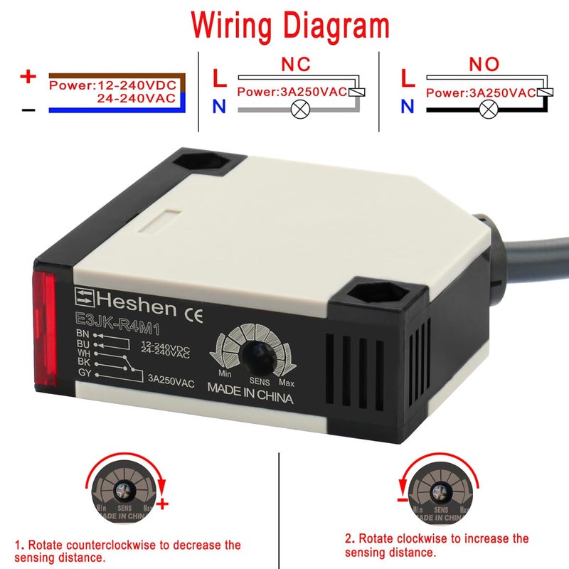 Heschen Photoelectric Sensor Switch E3JK-R4M1 24-240VAC/12-240VDC Feedback Reflection Type Detection Distance 4 Meter with Reflector Panel - Image 3