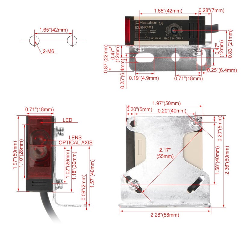 Heschen Photoelectric Sensor Switch E3JK-R4M1 24-240VAC/12-240VDC Feedback Reflection Type Detection Distance 4 Meter with Reflector Panel - Image 2