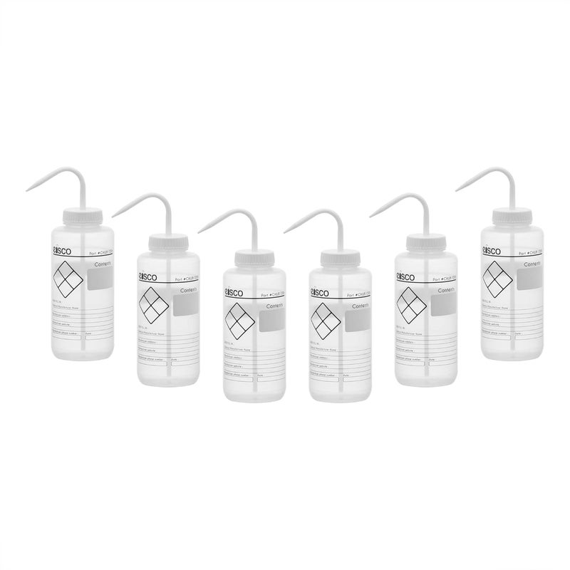 EISCO 6PK Chemical Wash Bottle, Blank Labels, 1000ml - Wide Mouth, Self Venting, Low Density Polyethylene - Performance Plastics Labs - Image 1