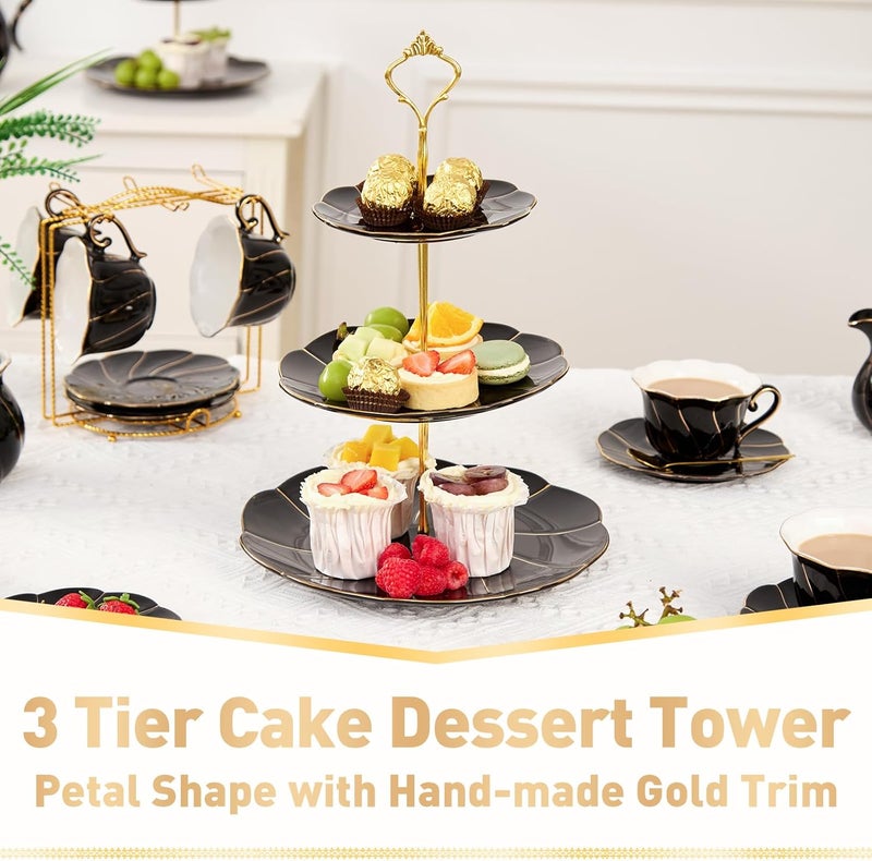 DUJUST Luxury Porcelain 3-Tier Cupcake Stand Tower, British Style Serving Tray with Golden Trim, Food Grade Dessert Display Stand, Beautiful Gift for Tea Party & Home Décor - Black - Image 2