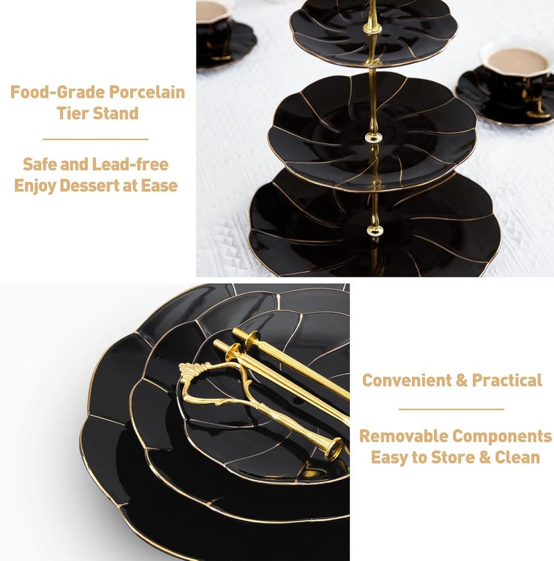 DUJUST Luxury Porcelain 3-Tier Cupcake Stand Tower, British Style Serving Tray with Golden Trim, Food Grade Dessert Display Stand, Beautiful Gift for Tea Party & Home Décor - Black - Image 4