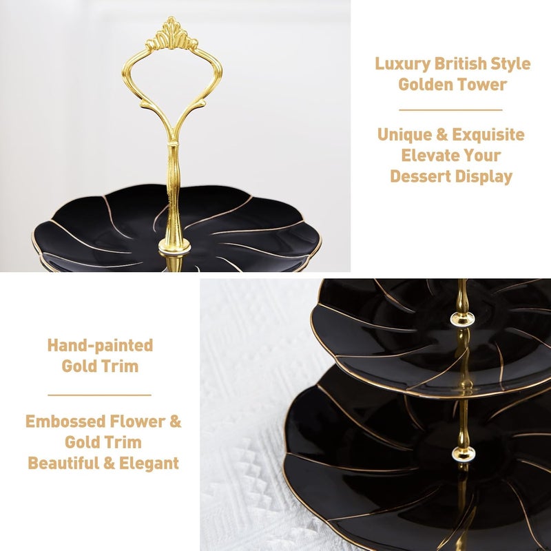 DUJUST Luxury Porcelain 3-Tier Cupcake Stand Tower, British Style Serving Tray with Golden Trim, Food Grade Dessert Display Stand, Beautiful Gift for Tea Party & Home Décor - Black - Image 3