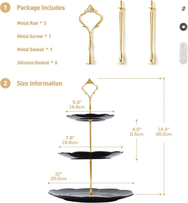 DUJUST Luxury Porcelain 3-Tier Cupcake Stand Tower, British Style Serving Tray with Golden Trim, Food Grade Dessert Display Stand, Beautiful Gift for Tea Party & Home Décor - Black - Image 5